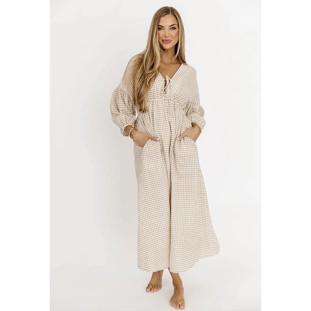 Worth Collective Hunter 100% Cotton Midi Dress in Natural Plaid - Bump Friendly